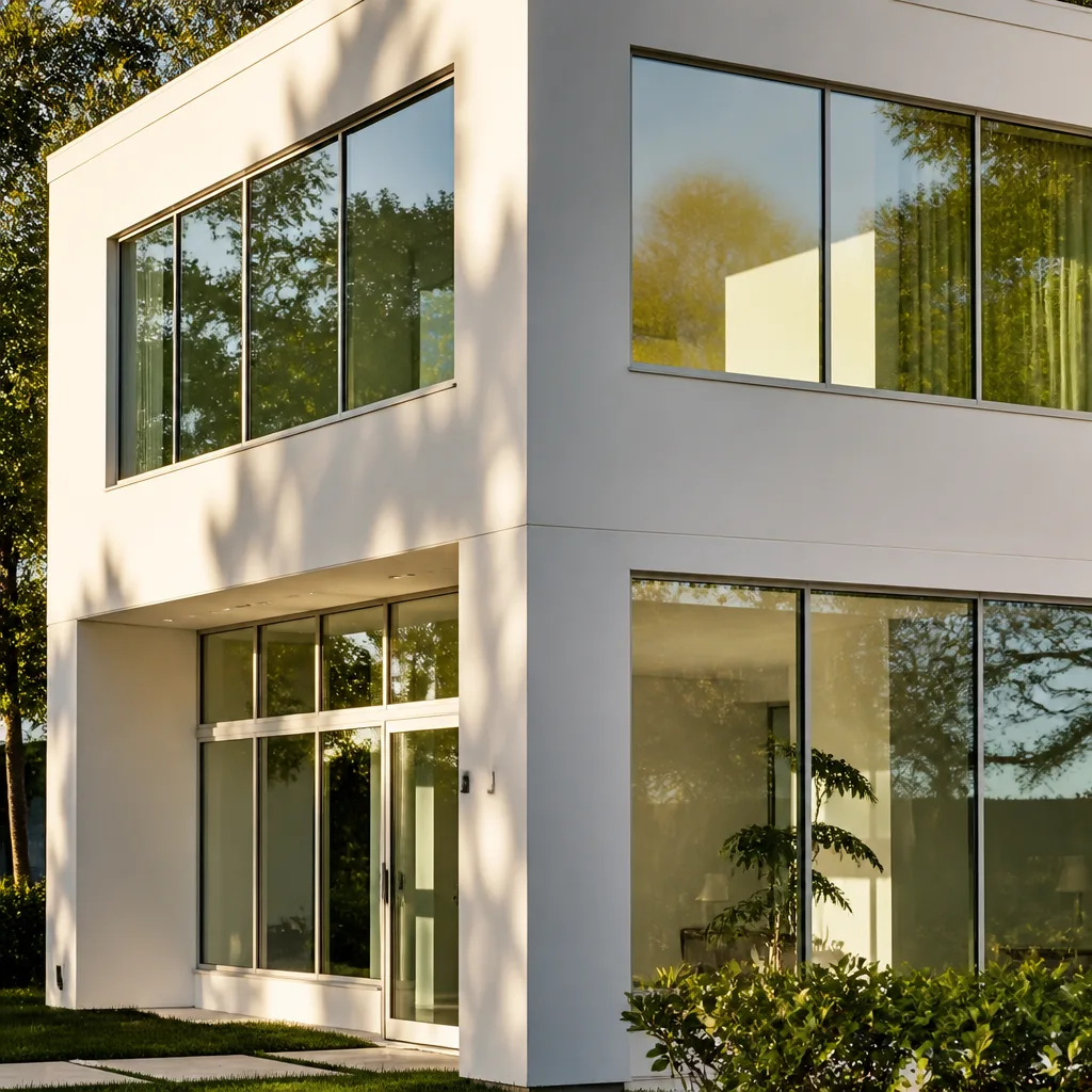 Modern residential home exterior with large glass windows and doors