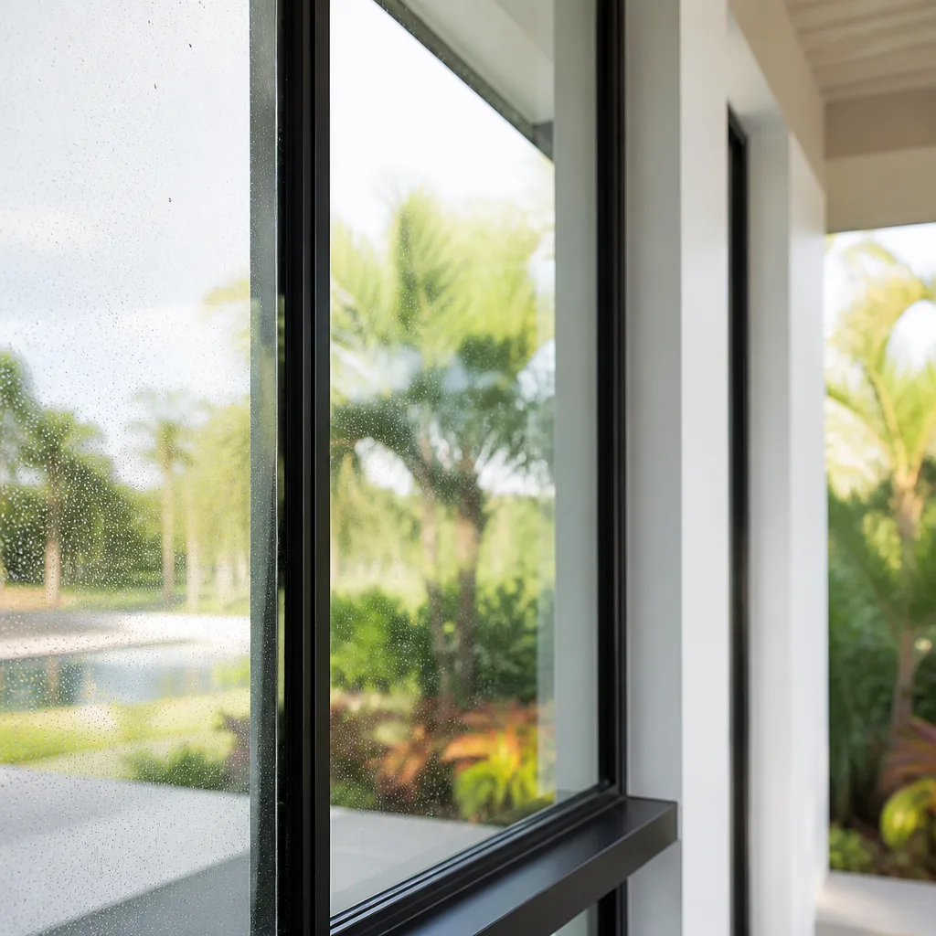 Modern black-framed window with rain droplets looking out to tropical garden